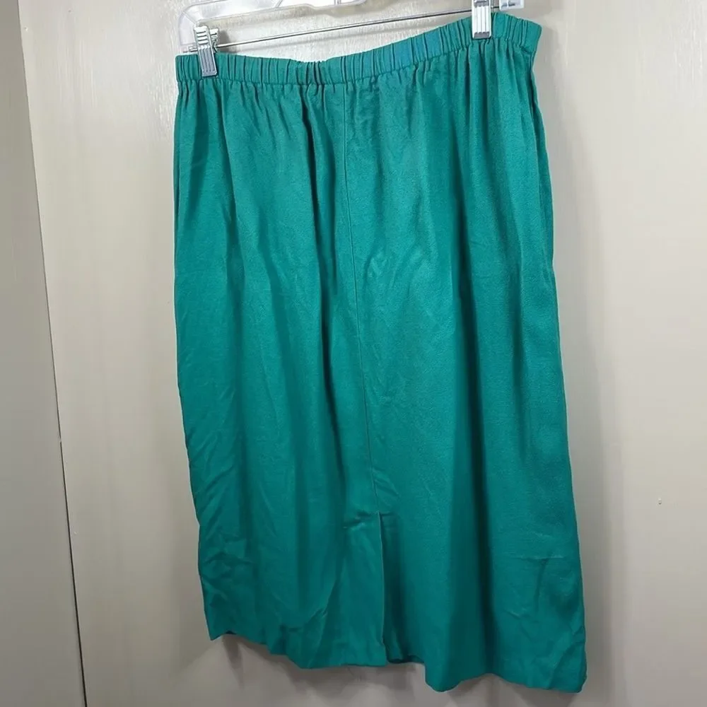 Vintage Emerald Green Elastic‎ Waist Midi Skirt Career Office Modest Everyday